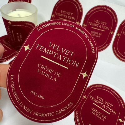 Eco Friendly Customized Print Logo Velvet Embossed Gold Candle Label Sticker สําหรับกระปุกเทียน